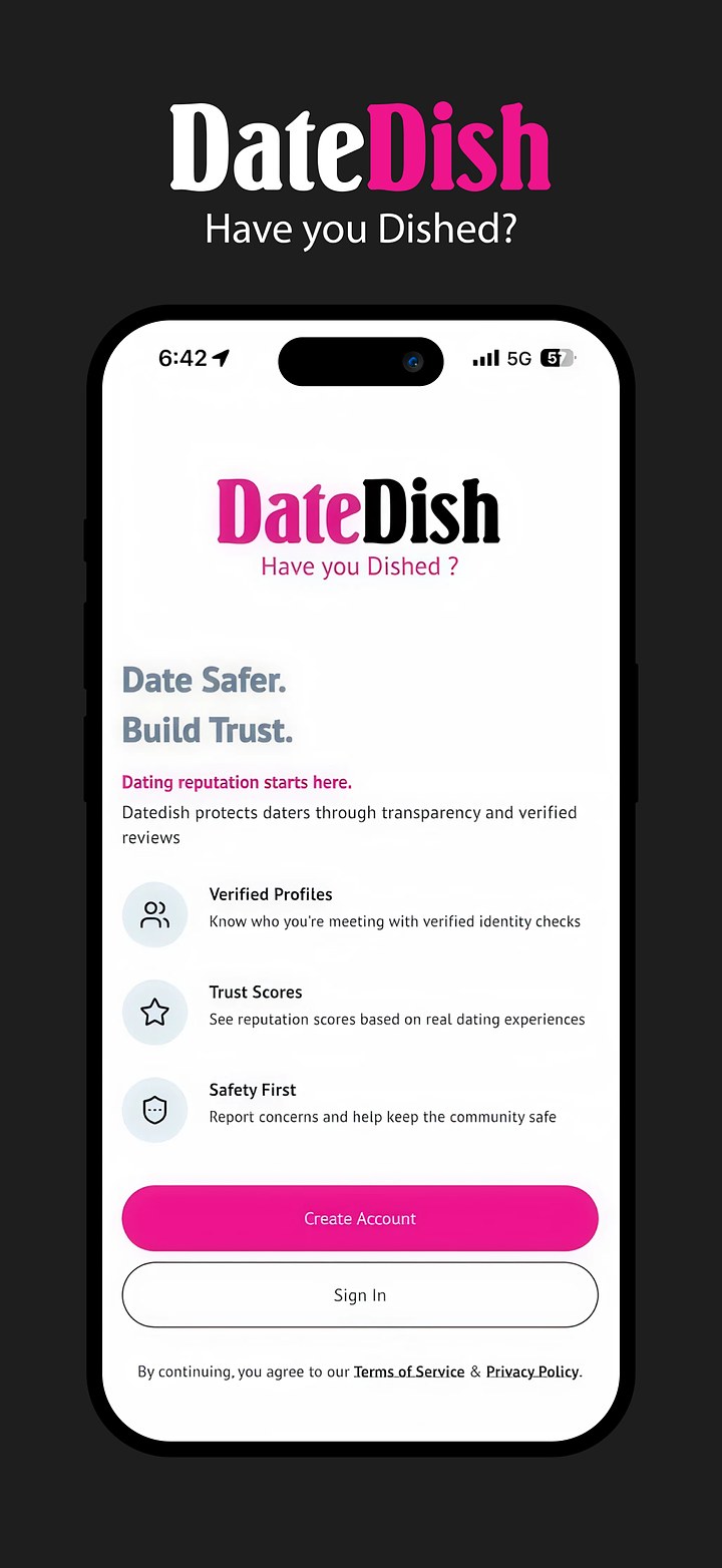 DateDish app welcome screen: Date safer, build trust, with verified profiles and Trust Scores