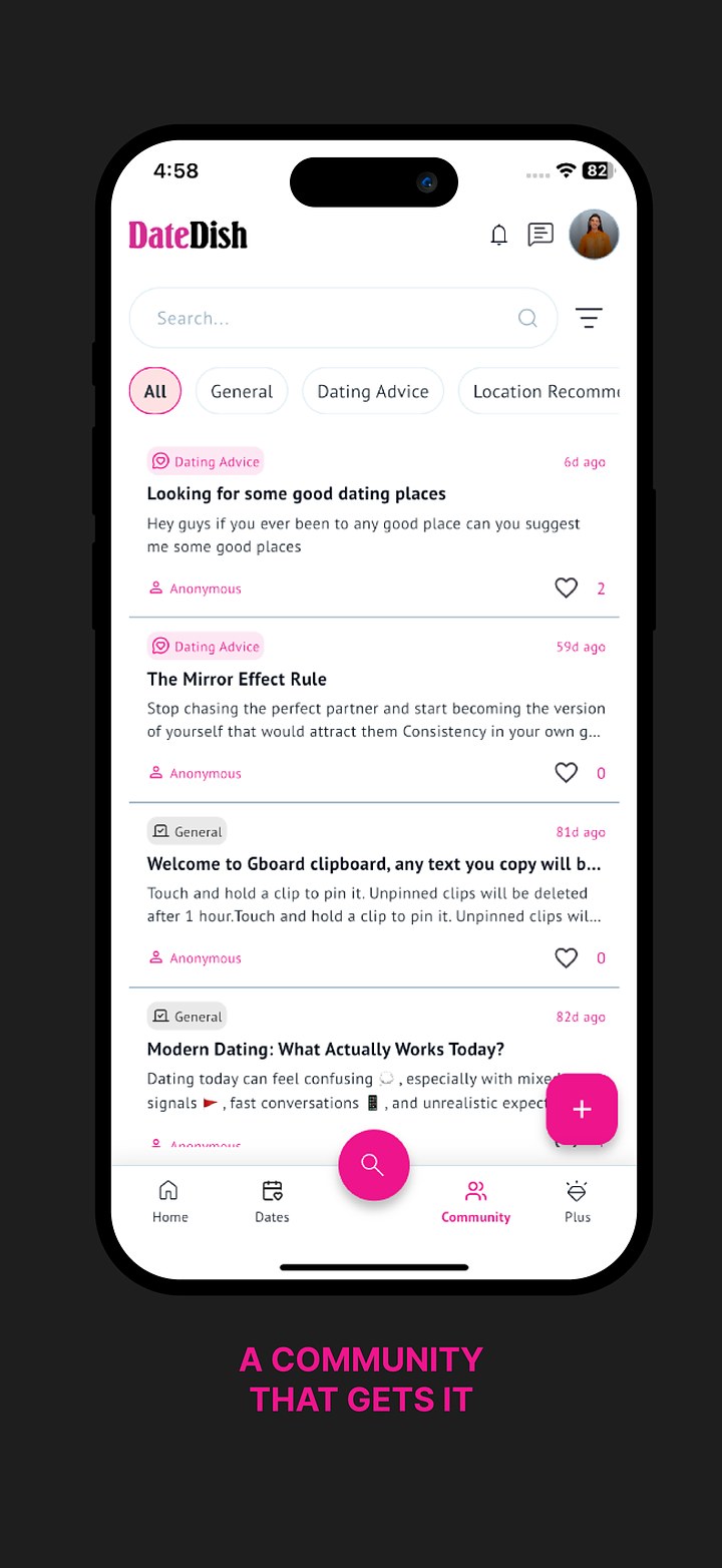 DateDish Community tab with dating advice and local recommendations