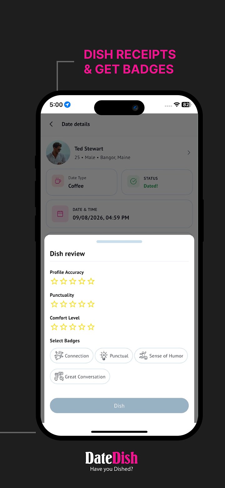 DateDish Dish review after a date with ratings and Trust Badges