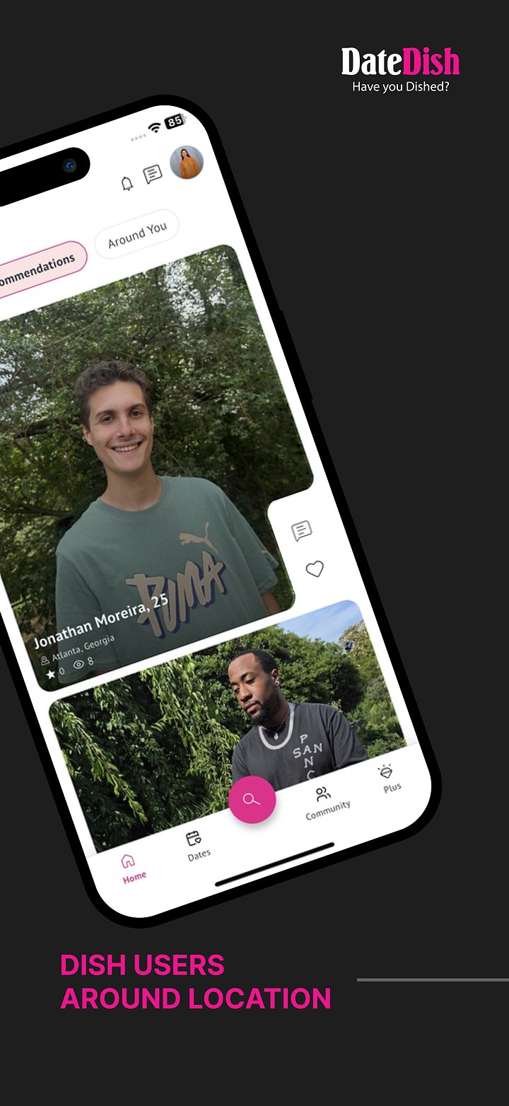 DateDish Around You screen showing verified daters near your location