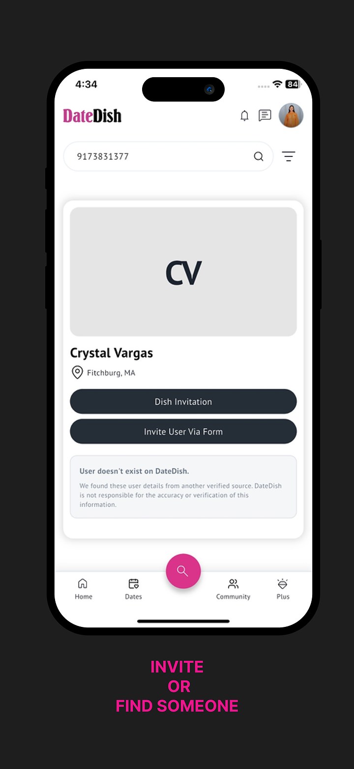 DateDish search to find someone by phone or invite them to join